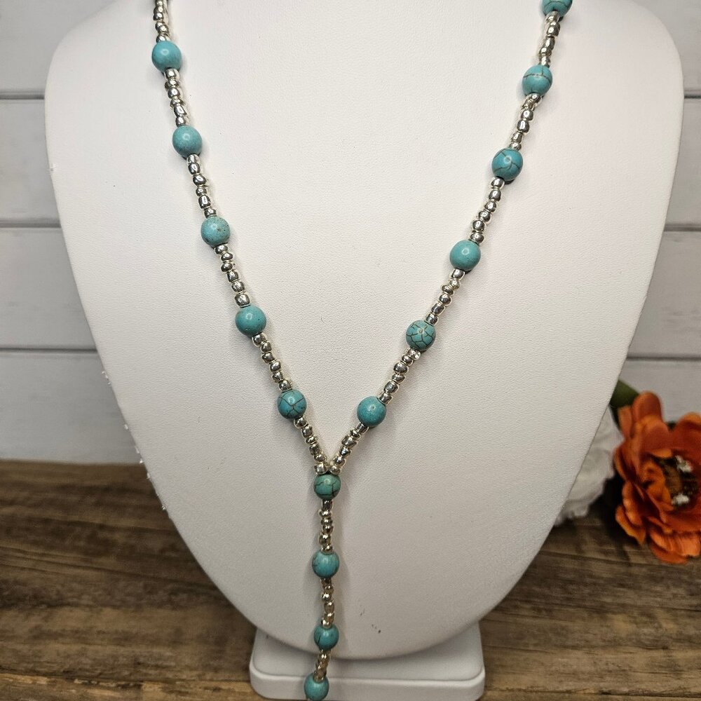Hand Crafted -Lariat Style Silver Beads & Turquoise color Howlite Stone Necklace